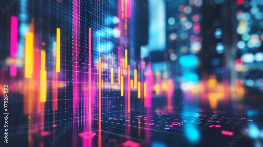 Poster abstract neon financial data with colorful charts in a digital environment