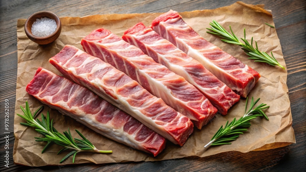 Wall mural Fresh raw pork ribs on wrapping paper, top view, pork ribs, raw, fresh, meat, food, cooking, ingredients