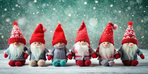Christmas gnomes and elves in red caps and mittens on a background, Christmas, gnomes, elves, red, caps, mittens, holidays