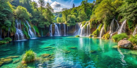 Crystal clear turquoise lakes surrounded by lush greenery and cascading waterfalls, Plitvice Lakes