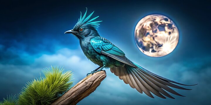 Phainopepla bird with iridescent wings in moonlight against blue-green sky
