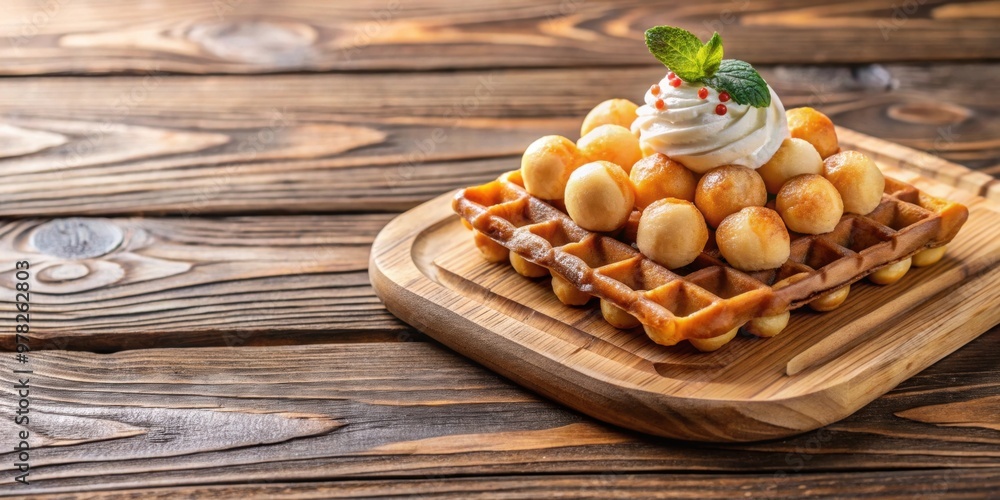 Poster Dessert waffle in Hong Kong style served on a wooden background , bubble waffle, delicious, dessert, sweet