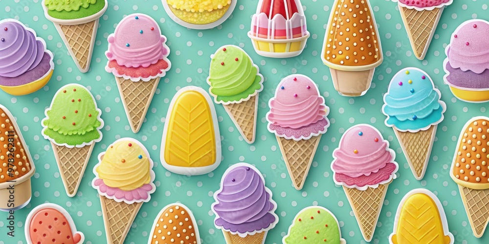 Poster Colorful ice cream stickers background for summer treats, ice cream, stickers, background, colorful, summer, treats, desserts