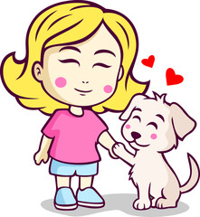 Cute Little Girl And Dog Cartoon Illustration