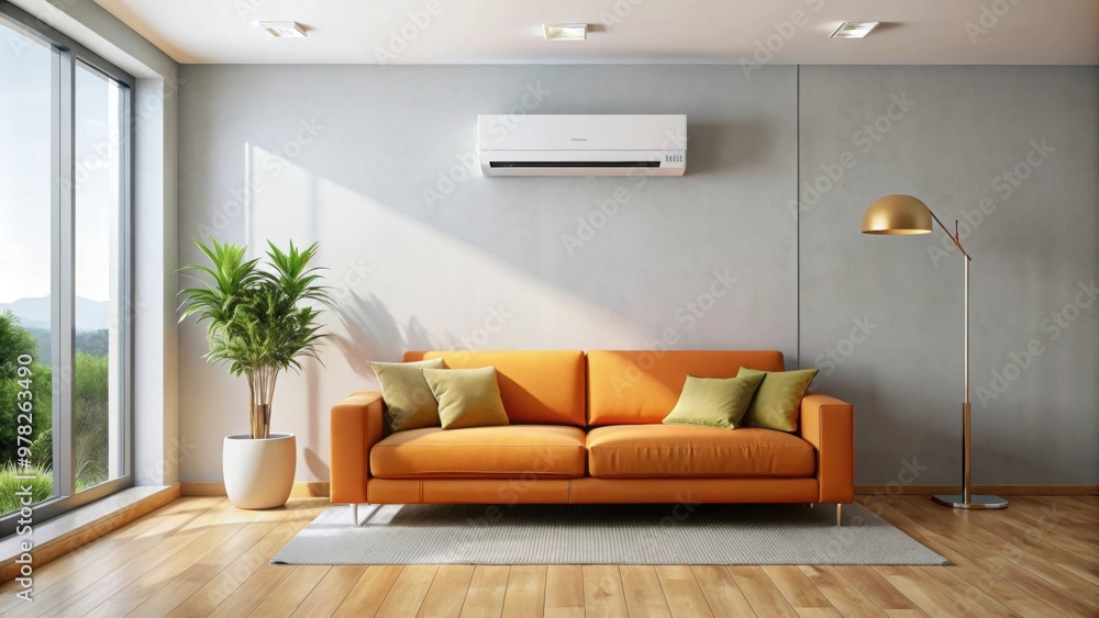 Sticker Interior of light modern living room with orange sofa and air conditioning on the wall, modern