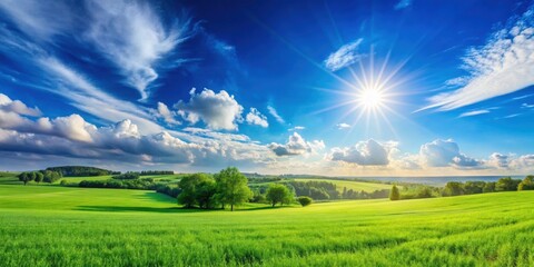Obraz premium Blue sky with sun shining down on a lush green field, creating a beautiful panoramic natural landscape, blue sky, sun