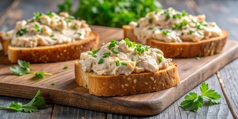 Three slices of whole wheat bread topped with creamy chicken salad and fresh herbs, food, sandwich, lunch, healthy