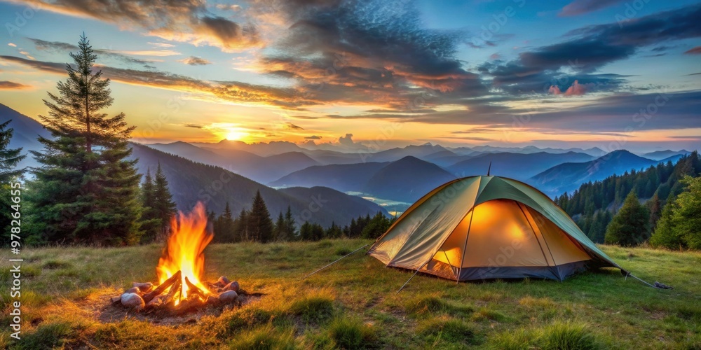 Canvas Prints Tent and bonfire on the forest lawn in the mountains, camping, wilderness, adventure, nature, outdoors, scenic, landscape