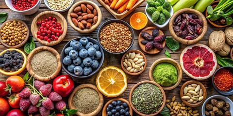 A variety of healthy superfoods, fruits, nuts, and seeds for a wholesome diet