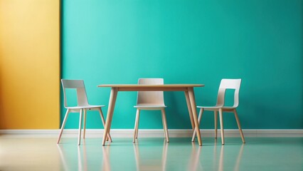 Obraz premium Minimalist table and chairs on split color background, Minimalist, table, chairs, split color, background, modern, furniture