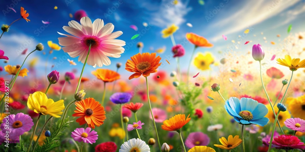 Sticker Field of vibrant flowers with colorful petals floating in the air, blooms, petals, flying, motion, meadow, nature