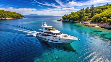 Fototapeta premium Luxury yacht sailing through clear blue waters on a sunny day in Croatia, luxury yacht, sailing, aerial view, sea
