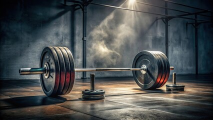 Dramatic photo of 365 pound weight on barbell with weights on floor and collars in gym , fitness, heavy lifting