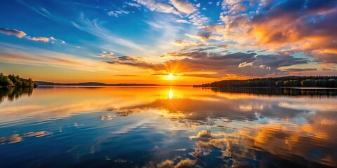 Sun setting over calm lake, sunset, sun, setting, lake, water, reflection, peaceful, nature, tranquil, dusk, evening