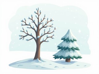 Two trees covered in snow against a white background