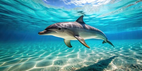 Obraz premium Playful dolphin swimming in crystal clear waters, marine life, ocean mammal, underwater, playful, majestic