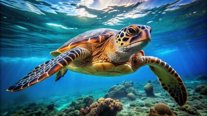 Fototapeta premium Close up of a hawksbill turtle swimming in the ocean, Hawksbill turtle, Eretmochelys imbricata