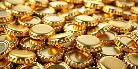 A pile of shiny golden beer bottle caps , shiny, golden, beer, caps, pile, texture, metallic, round, reflective