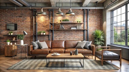 Modern living room with industrial design featuring exposed brick walls, metal pipes