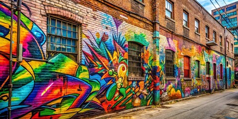 Fototapeta premium Colorful graffiti art on old brick building wall in urban alleyway