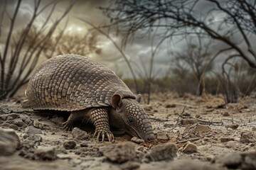 An armadillo's claws dig deep into sandy soil, the solitary creature standing out against a dramatic backdrop of