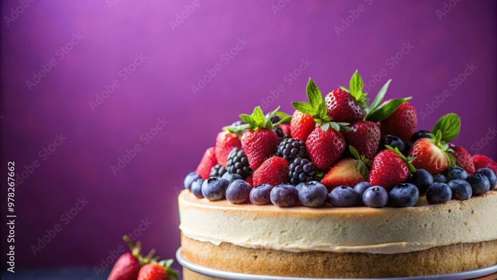 Sticker Close-up of a modern cake topped with berries on a purple background, cake, modern, berries, purple, background