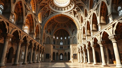 Ancient Islamic architecture blends with Gothic-inspired arches and ornate stone carvings in a majestic, honey-hued