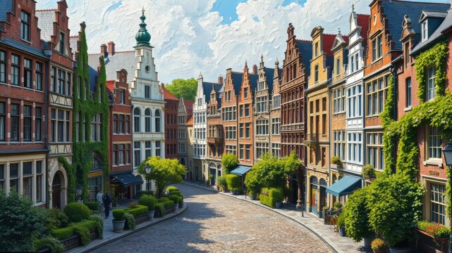 Ancient cobblestone streets of historic downtown Waterloo, Belgium, lined with ornate buildings and lined with lush