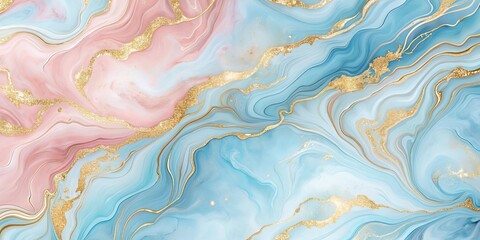 Obraz premium Abstract background in soft pastel pink and blue with golden lines, featuring a liquid fluid marbled paper texture