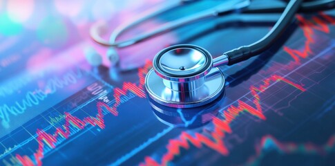 Stethoscope and medical chart on a digital background, symbolizing the link between health and financial wellness