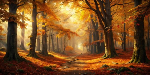 Fototapeta premium A serene autumnal woodland scene features towering tree trunks, their canopies a kaleidoscope of golden hues, amidst a carpet of rustling leaves and dappled forest floor.