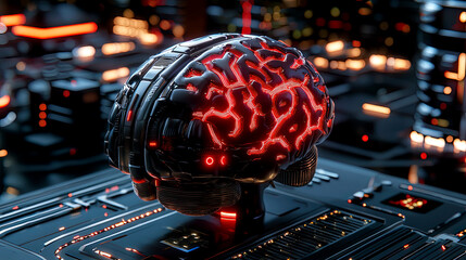 Futurist sci-fi AI artificial brain technology, cybernetic neural network, digital cyber intelligence, virtual glowing red robotic circuits, tech innovation