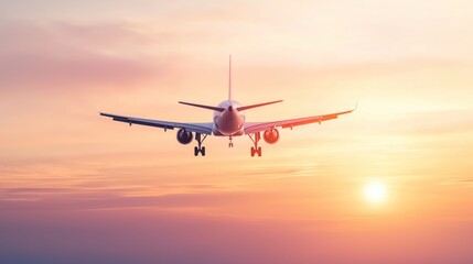 An airplane flying into the sunset sky, white background, realistic, soft orange and pink hues, high-detail.