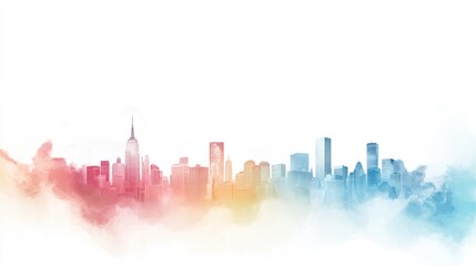 Fototapeta premium Abstract skyline with soft pastel clouds on a pure white background, dreamy atmosphere, urban meets sky