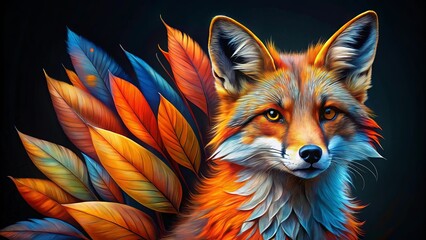 Obraz premium Vibrant painting of a fox with orange and blue feathers, black background with red and orange leaf pattern