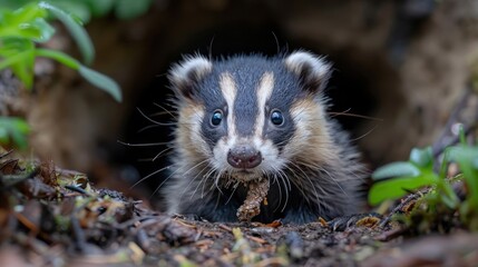 Curious Badger Cub Emerging from Burrow