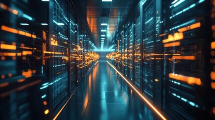 Data center with orange and blue glowing lights in a high-tech environment