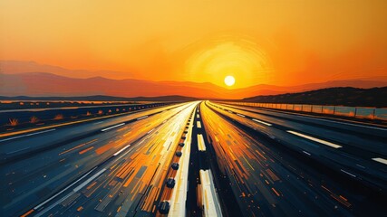 Obraz premium A serene stretch of highway glows under the golden hour sun, defined by a pair of parallel white