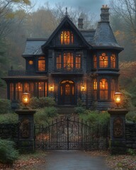 Eerie Twilight at Abandoned Victorian Mansion - Dark and Moody Haunted House Setting with Broken Windows, Rusty Gates, and Overgrown Weeds