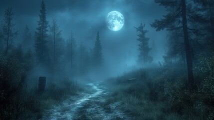 Moonlit Haunting: Mysterious Forest with Rolling Mist and Eerie Shadows in Cold Blue Tones