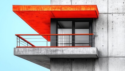 Modern Balcony with Red Canopy and Concrete Wall