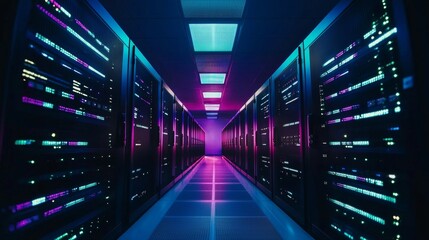 Obraz premium Colorful glowing servers in a futuristic data center