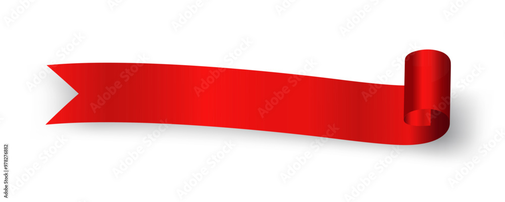 Poster red ribbon banner realistic shiny satin with shadow, horizontal red ribbon curl for decorate your we
