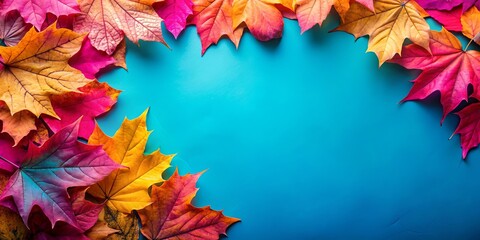Obraz premium Colorful autumn leaves on vibrant pink and blue background with sky