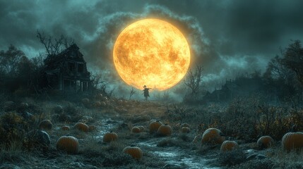 Eerie Harvest Moon Over Haunted Pumpkin Patch with Scarecrow - Spooky Halloween Night Scene in Cold Tones