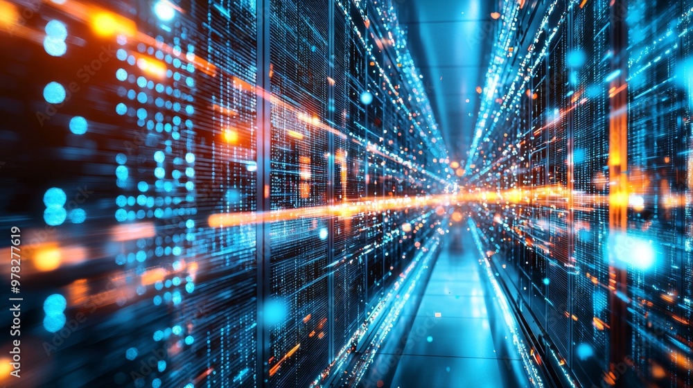 Poster glowing data streams in a futuristic server room