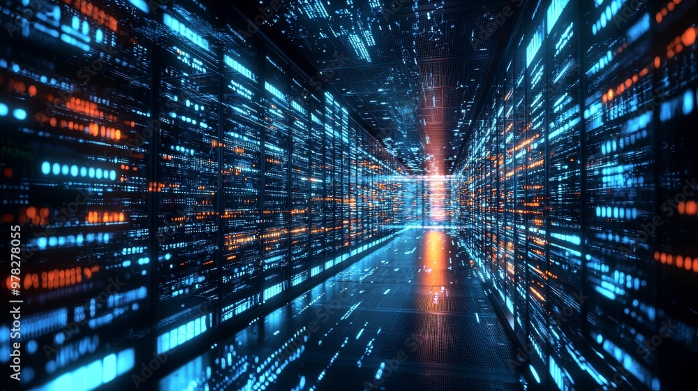 Poster glowing data streams in futuristic data center hallway