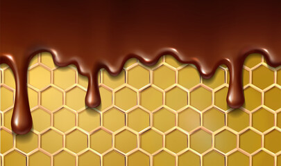 3d realistic vector icon illustration. Melting chocolate dripping on honeycomb background.