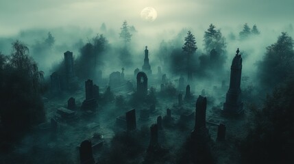 Obraz premium Midnight Fog Over Creepy Graveyard - Aerial View of Shadowy Figure Among Old Tombstones with Desaturated Colors and Eerie Moonlit Shadows