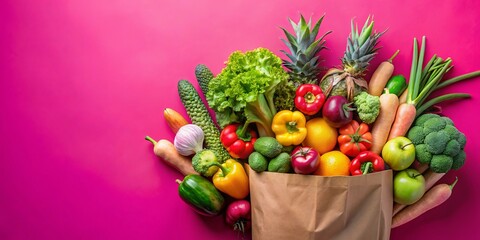 A bag overflowing with a colorful variety of fresh fruits and vegetables on a vibrant pink background